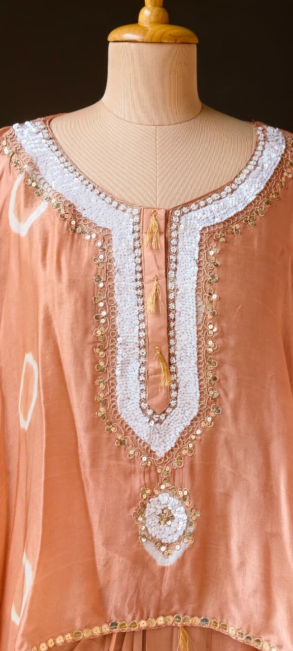 Shibori Print Embellished Kaftan Style Cape Top and Draped Dhoti Skirt Fusion Modal Satin Indo Wear- 15014