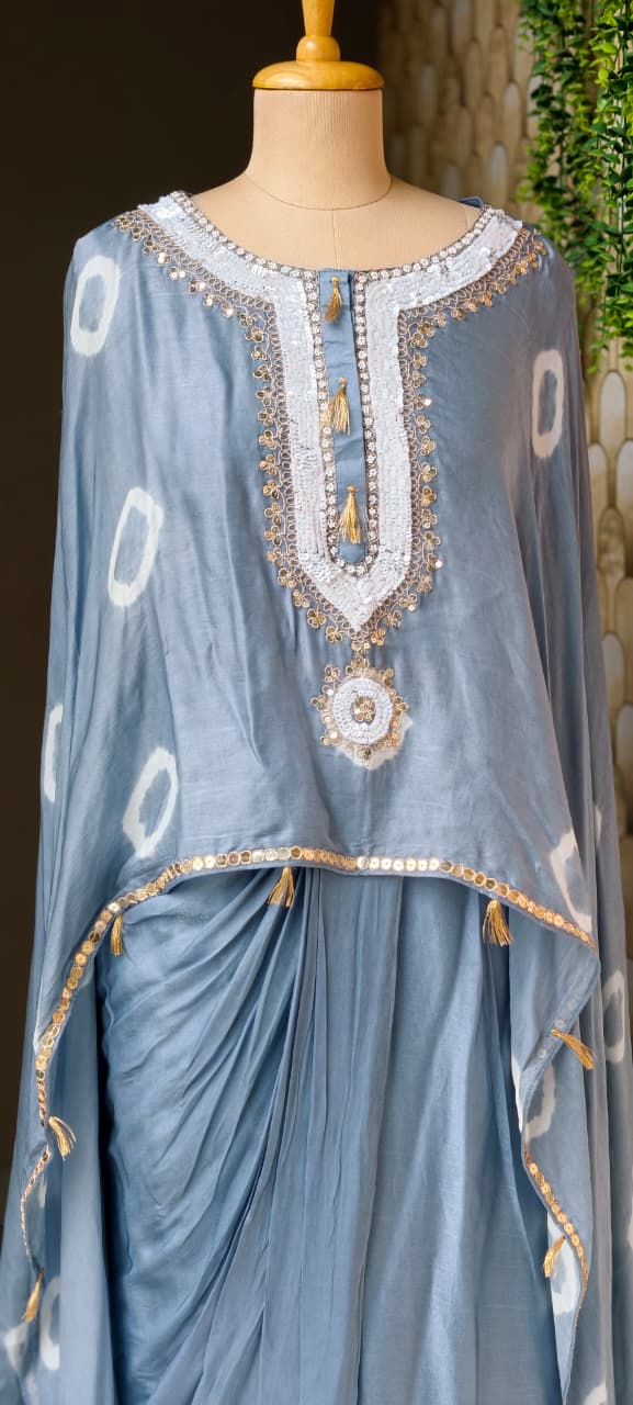 Shibori Print Embellished Kaftan Style Cape Top and Draped Dhoti Skirt Fusion Modal Satin Indo Wear- 15014
