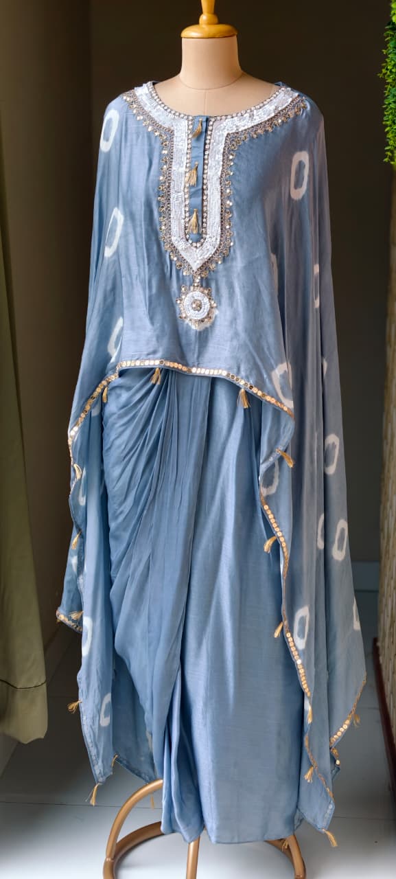 Shibori Print Embellished Kaftan Style Cape Top and Draped Dhoti Skirt Fusion Modal Satin Indo Wear- 15014