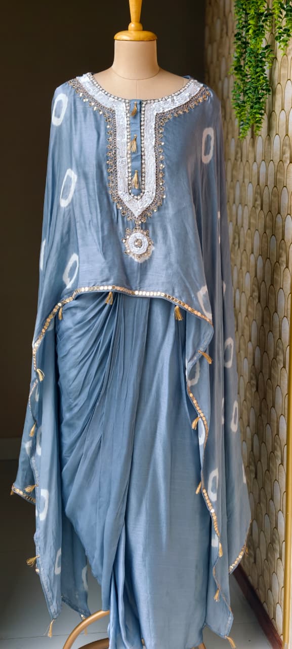 Shibori Print Embellished Kaftan Style Cape Top and Draped Dhoti Skirt Fusion Modal Satin Indo Wear- 15014