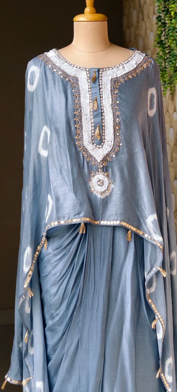 Shibori Print Embellished Kaftan Style Cape Top and Draped Dhoti Skirt Fusion Modal Satin Indo Wear- 15014