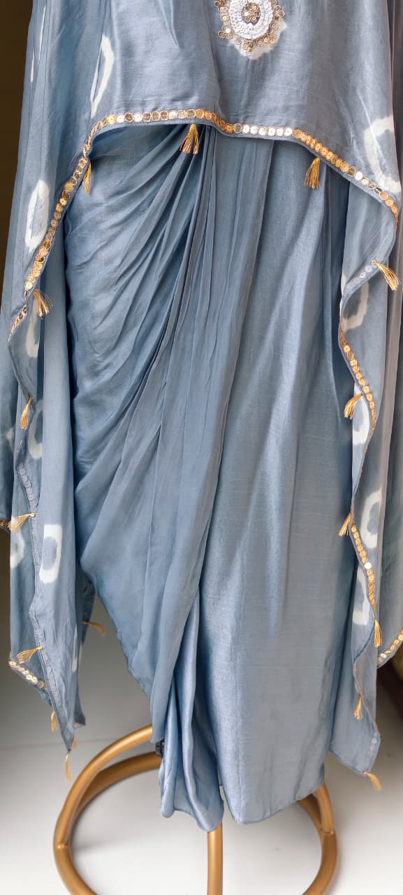 Shibori Print Embellished Kaftan Style Cape Top and Draped Dhoti Skirt Fusion Modal Satin Indo Wear- 15014