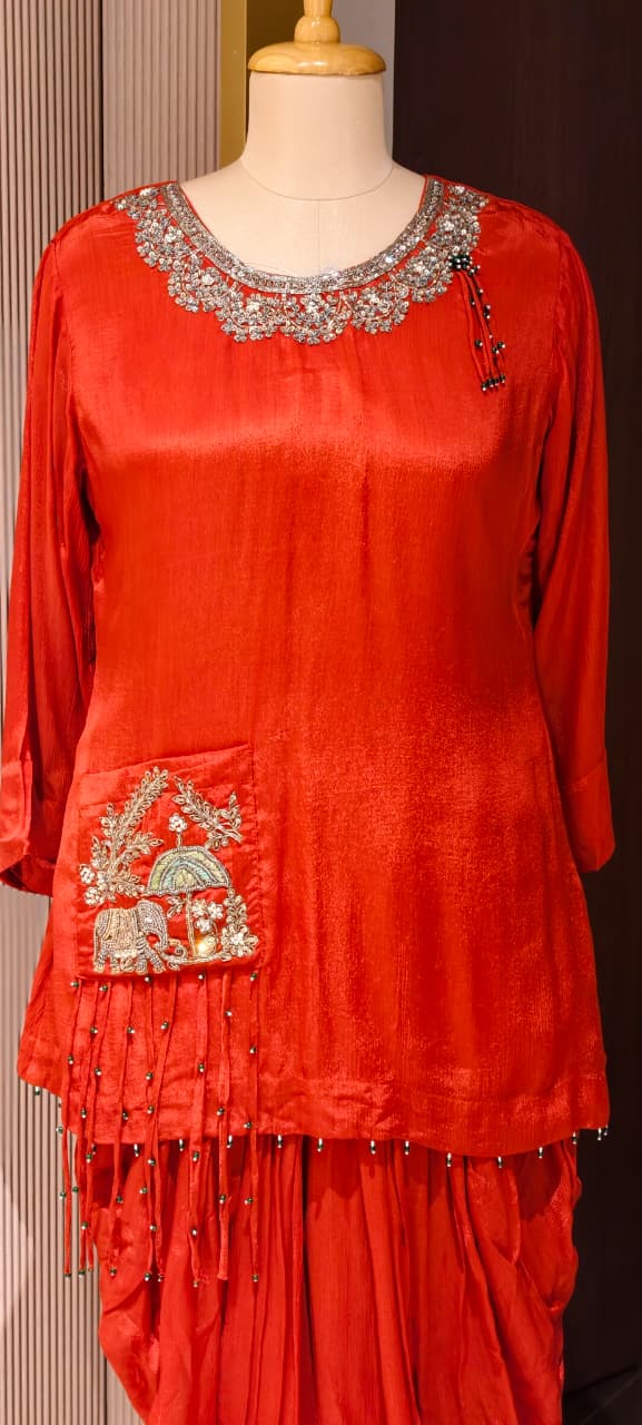 Blunt Orange Jaipuri Sequin Detailing Over Neck & Tasseled Pocket Chinon Indo-Wear- 15012
