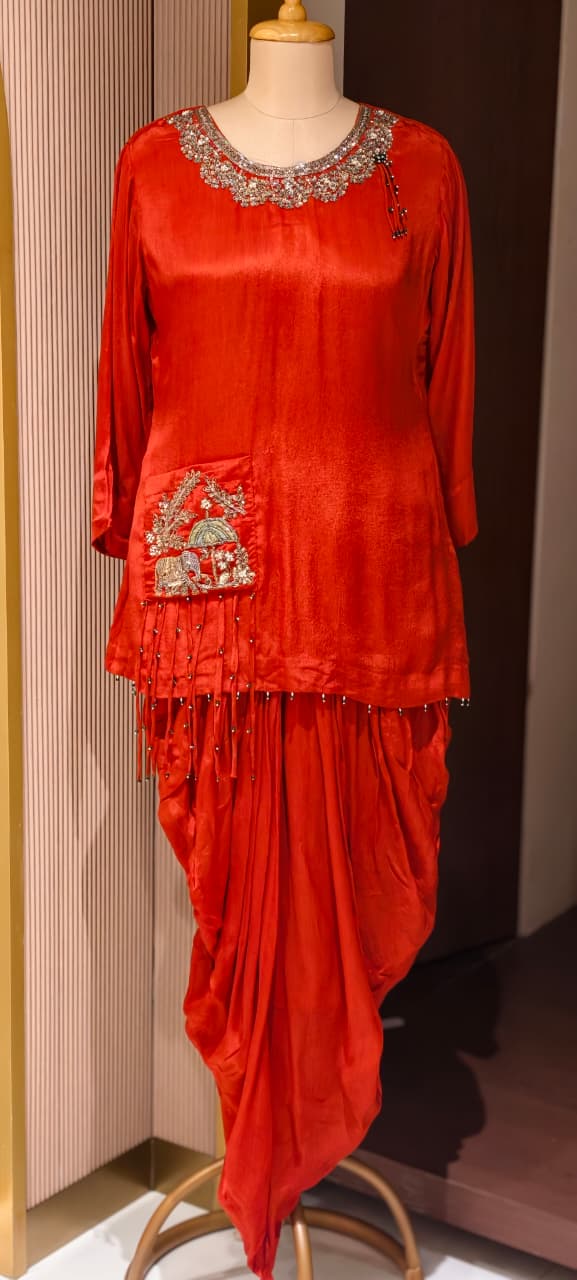 Blunt Orange Jaipuri Sequin Detailing Over Neck & Tasseled Pocket Chinon Indo-Wear- 15012