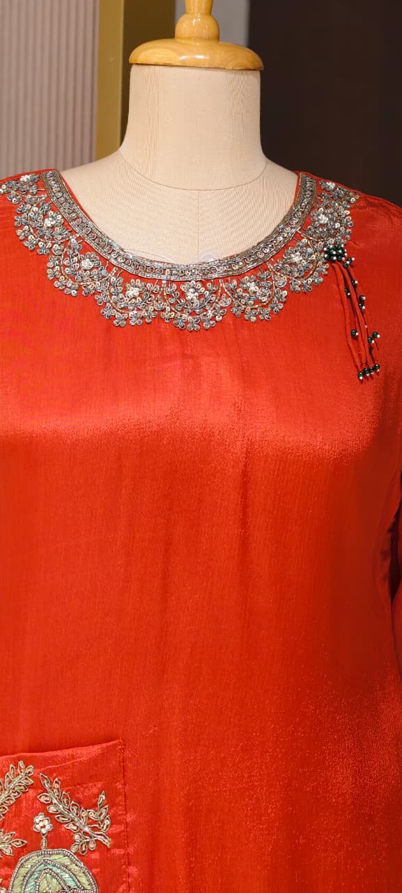 Blunt Orange Jaipuri Sequin Detailing Over Neck & Tasseled Pocket Chinon Indo-Wear- 15012