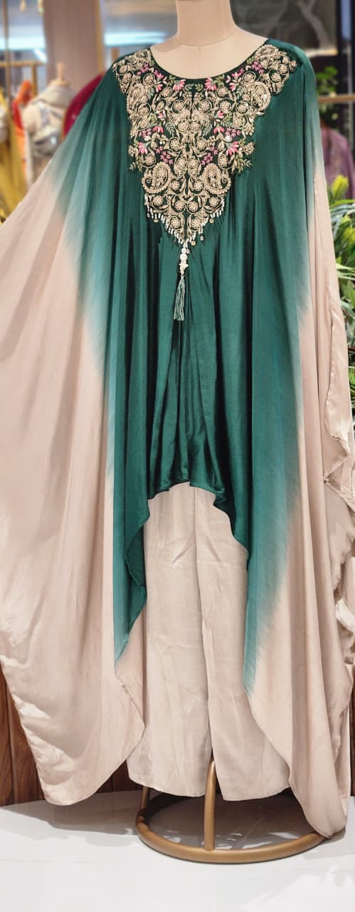 Grand Embroidered Multiple Stunning Ombre Kaftan Style Cape Kurta and Palazzo Fusion Modal Satin Indo Wear- 14953