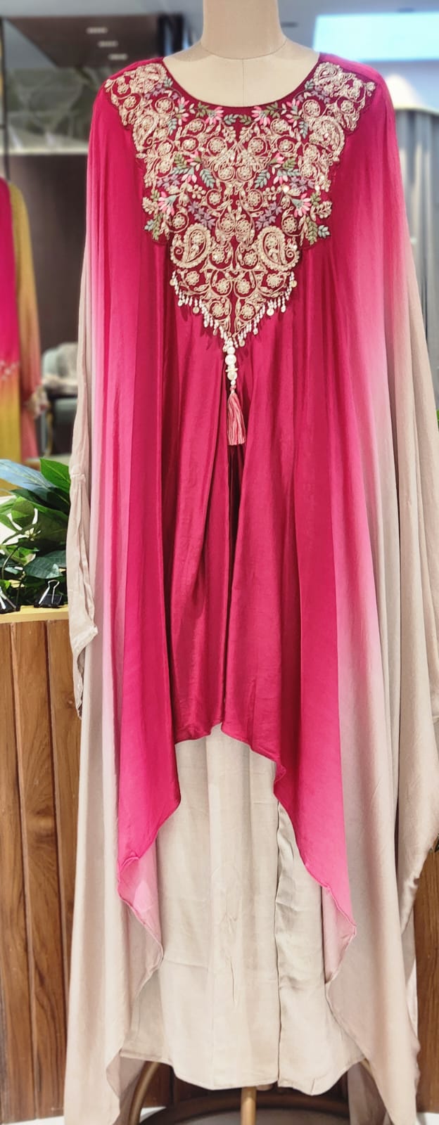 Grand Embroidered Multiple Stunning Ombre Kaftan Style Cape Kurta and Palazzo Fusion Modal Satin Indo Wear- 14953