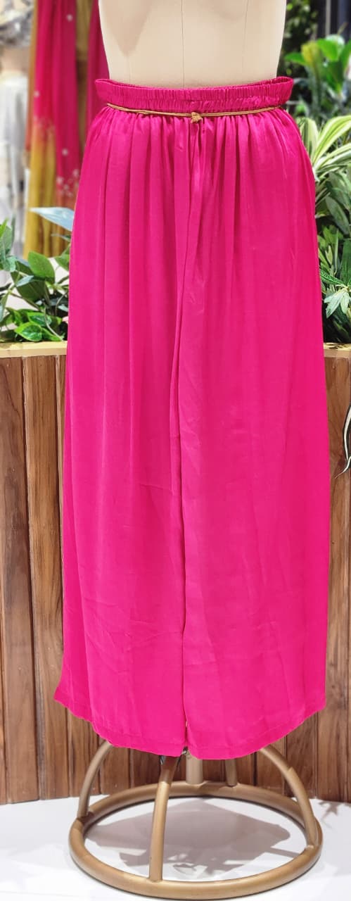 Magenta Pink Hand Embroidered Yoke High-Low Kurta With Wide-Leg Palazzo Set In Modal Satin Fabric- 14958