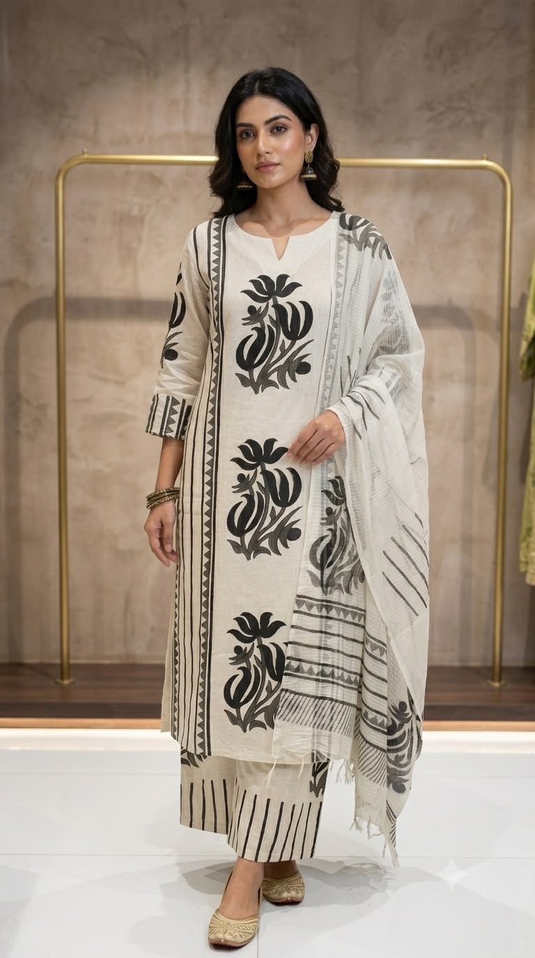 Giant Leafy Patch With Stripe Motifs Flex Cotton Full Suit Set With Dupatta