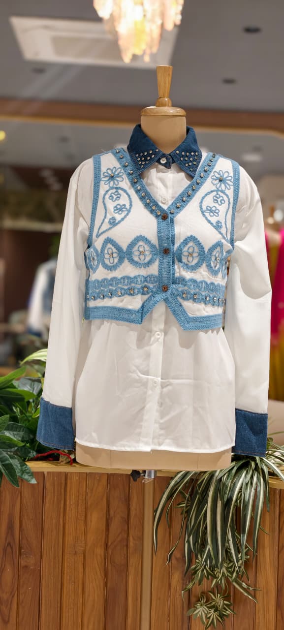 Boho-Chic Embroidered Detechable Jacket With Studded Denim Trim Shirt Combo- 15438
