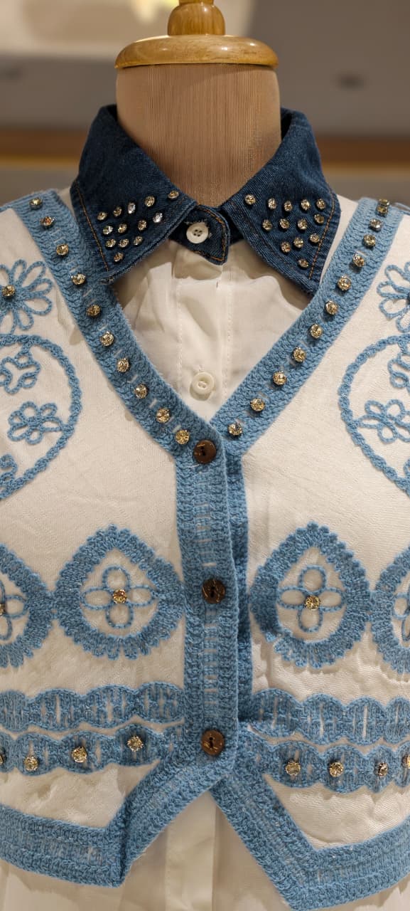Boho-Chic Embroidered Detechable Jacket With Studded Denim Trim Shirt Combo- 15438