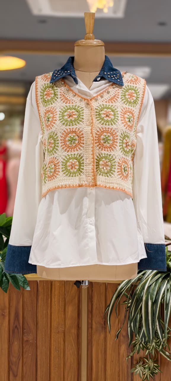 Studded Stone Denim Collar White Shirt with Cropped Granny Square Crochet Outer- 15438