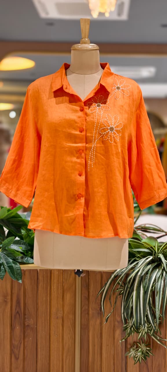 Intricate Floral Handcrafted Embroidery Solid Linen Casual Top- 15462