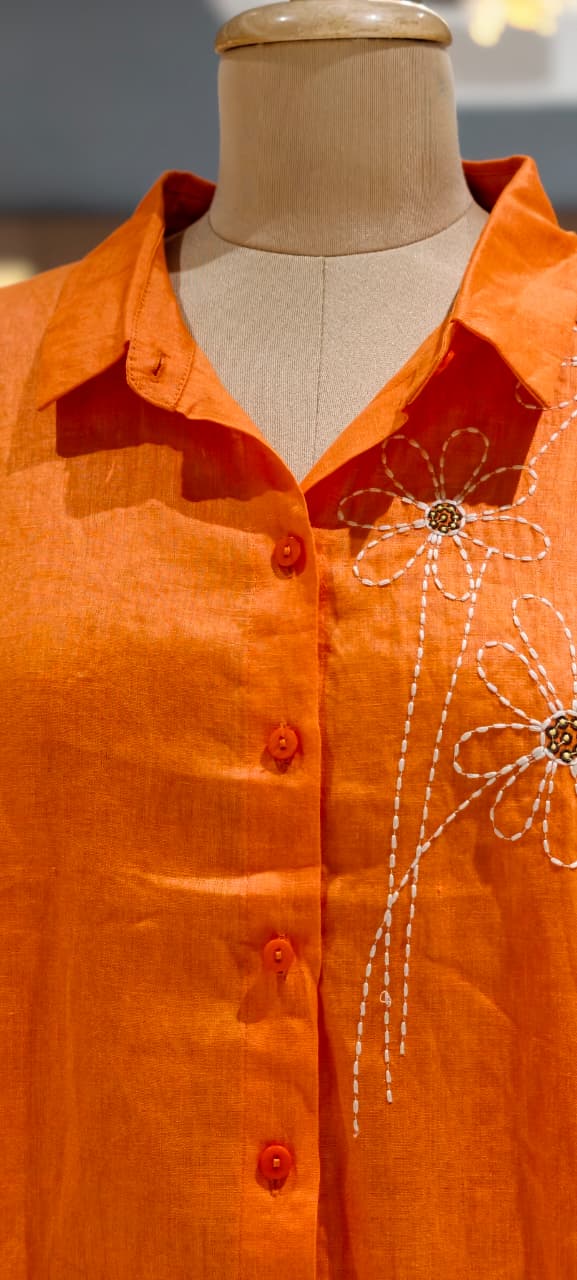 Intricate Floral Handcrafted Embroidery Solid Linen Casual Top- 15462