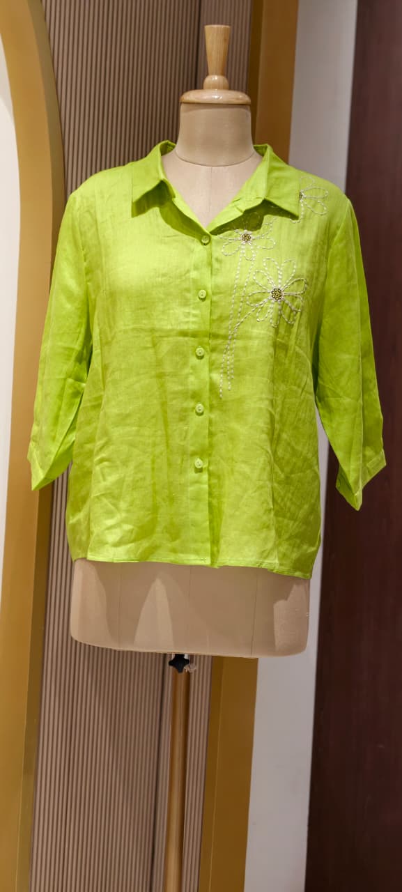Intricate Floral Handcrafted Embroidery Solid Linen Casual Top- 15462