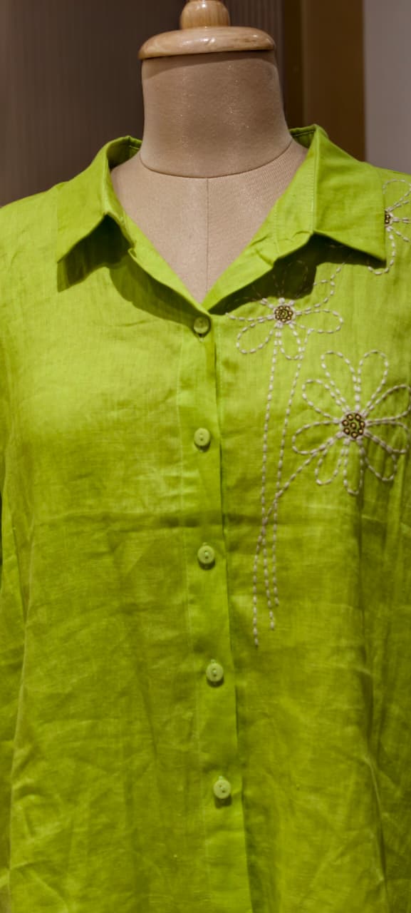 Intricate Floral Handcrafted Embroidery Solid Linen Casual Top- 15462