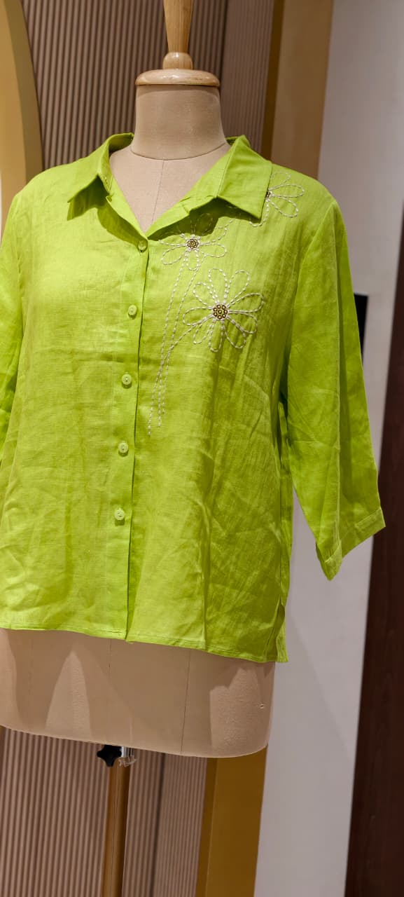 Intricate Floral Handcrafted Embroidery Solid Linen Casual Top- 15462
