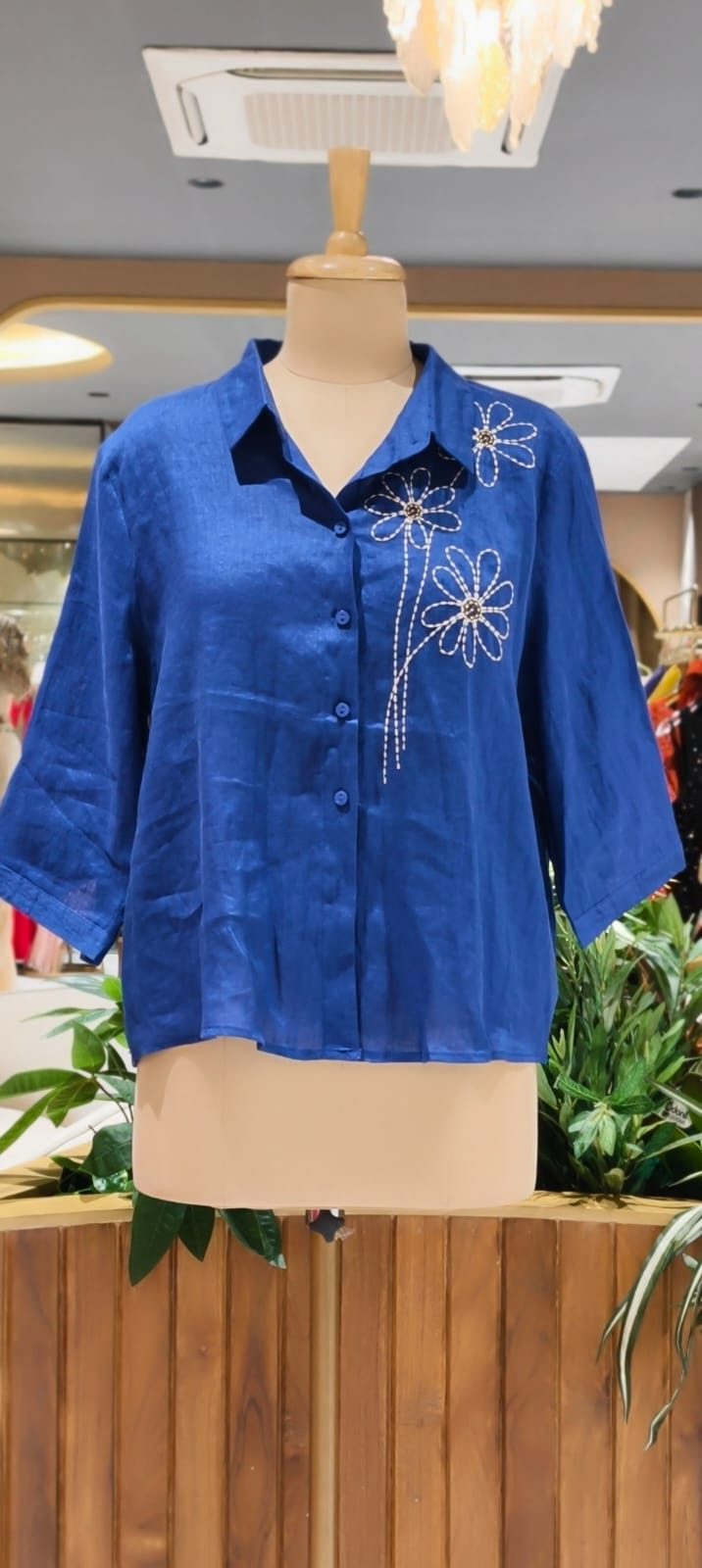 Intricate Floral Handcrafted Embroidery Solid Linen Casual Top- 15462