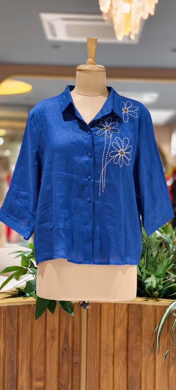 Intricate Floral Handcrafted Embroidery Solid Linen Casual Top- 15462