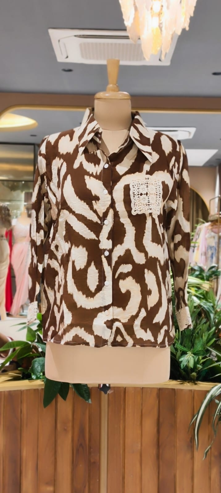 Animal Inspired Print Crochet Pocket & Cuff Embroidey Shirt- 15456