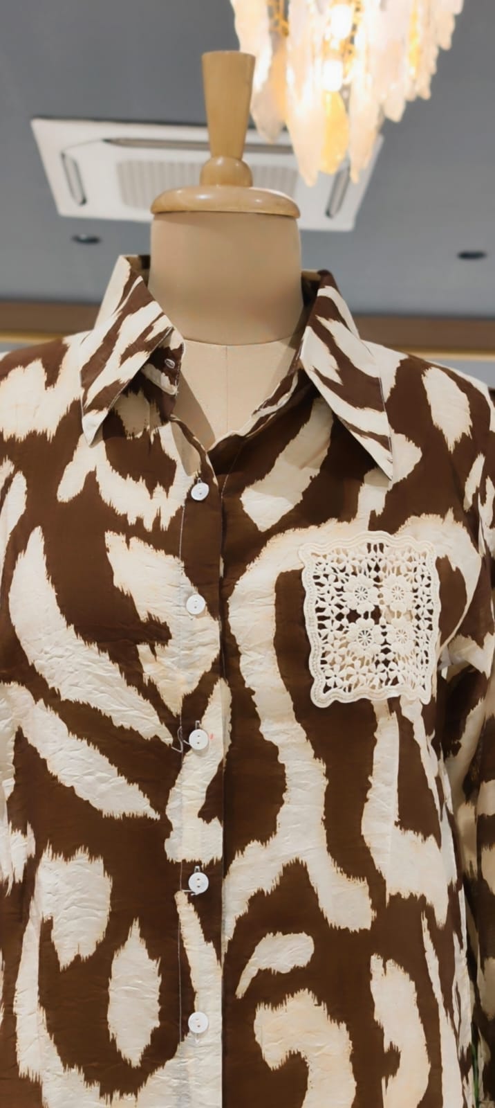 Animal Inspired Print Crochet Pocket & Cuff Embroidey Shirt- 15456