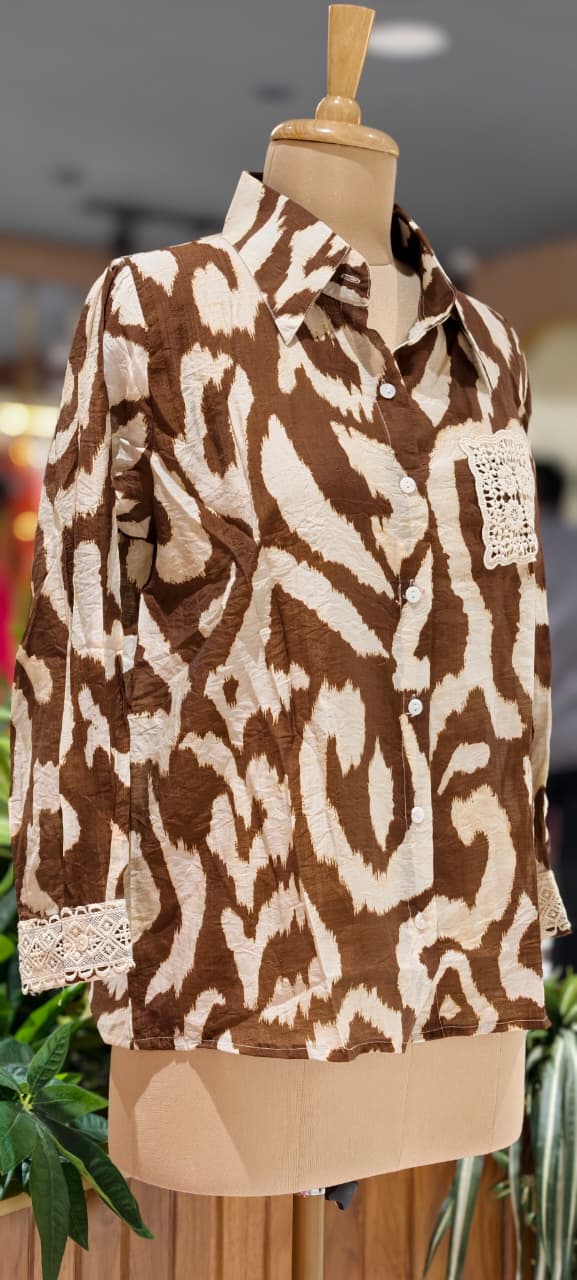 Animal Inspired Print Crochet Pocket & Cuff Embroidey Shirt- 15456