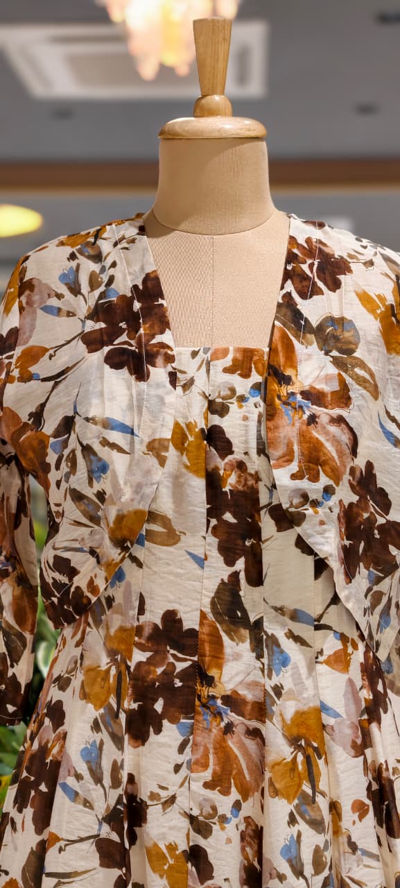 Spring Floral Print Stretchable Long Frock With Seperate Outer- 15455