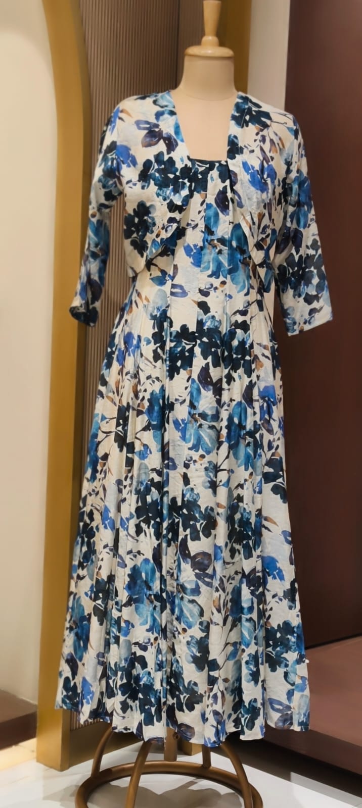 Spring Floral Print Stretchable Long Frock With Seperate Outer- 15455