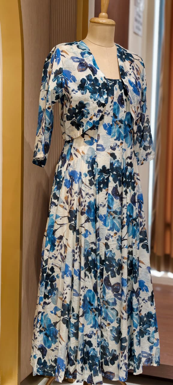 Spring Floral Print Stretchable Long Frock With Seperate Outer- 15455