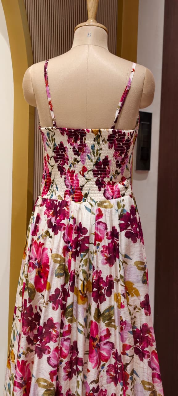 Spring Floral Print Stretchable Long Frock With Seperate Outer- 15455