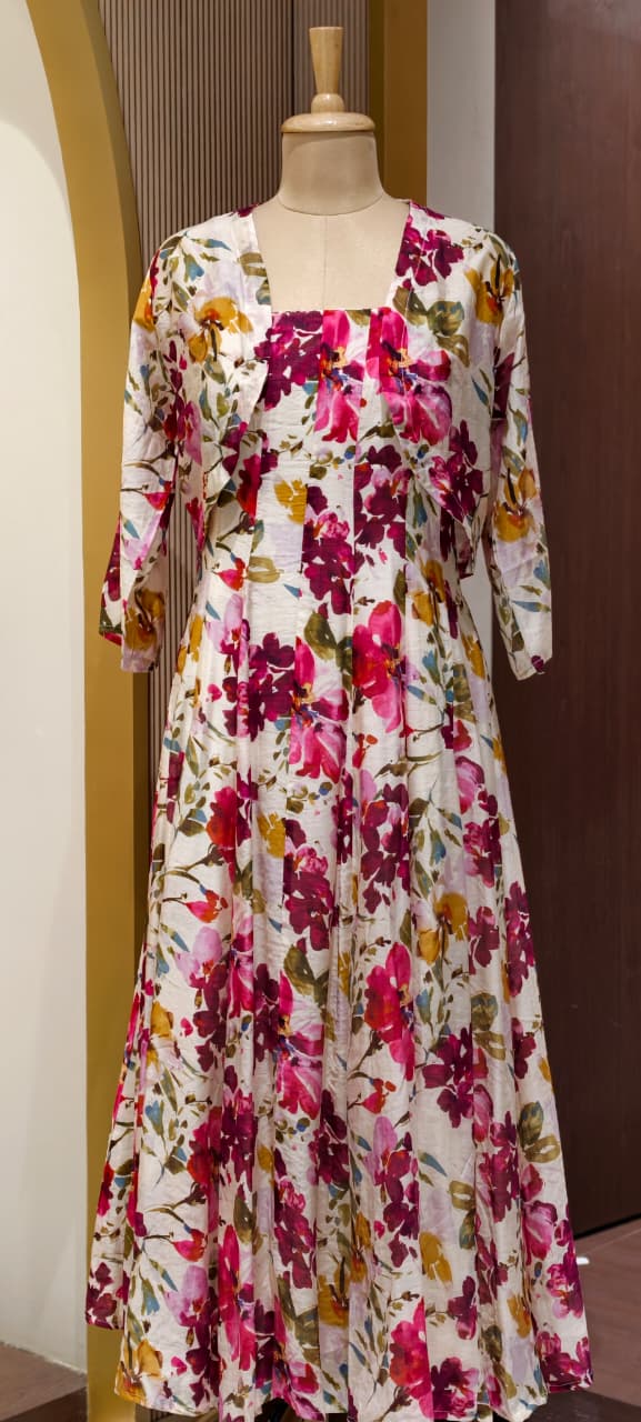 Spring Floral Print Stretchable Long Frock With Seperate Outer- 15455