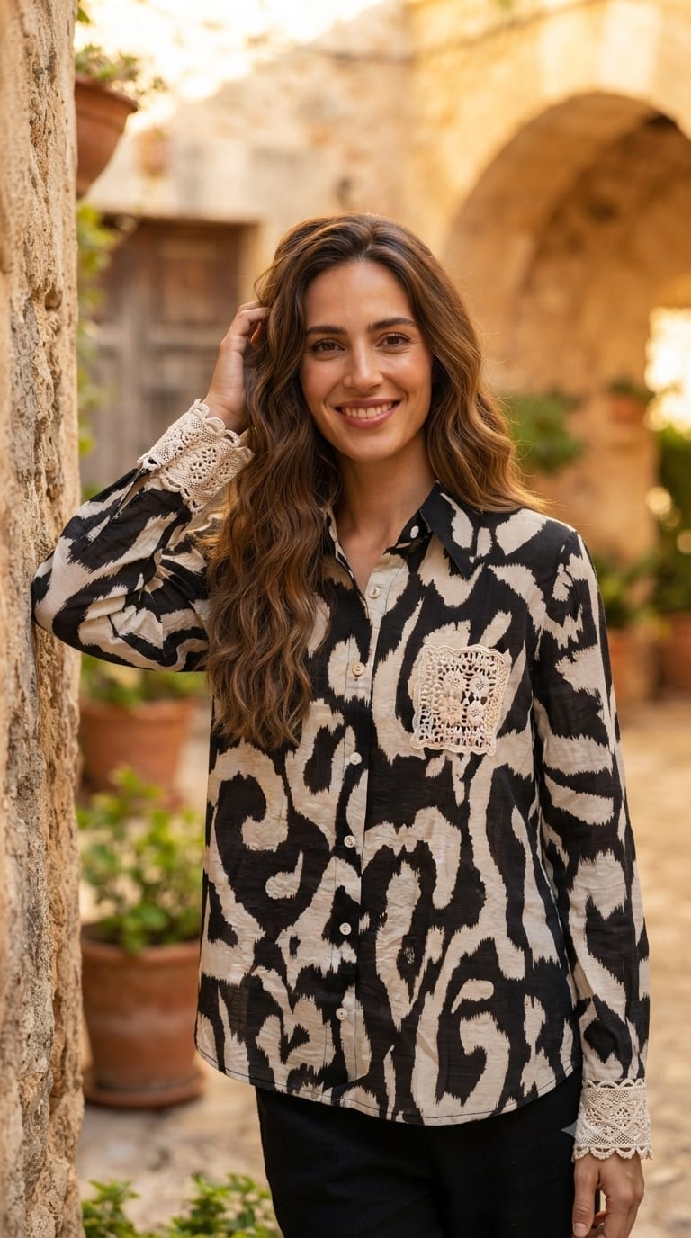 Animal Inspired Print Crochet Pocket & Cuff Embroidey Shirt- 15456