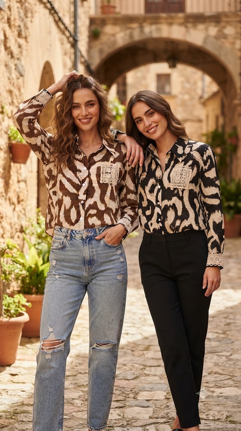 Animal Inspired Print Crochet Pocket & Cuff Embroidey Shirt- 15456