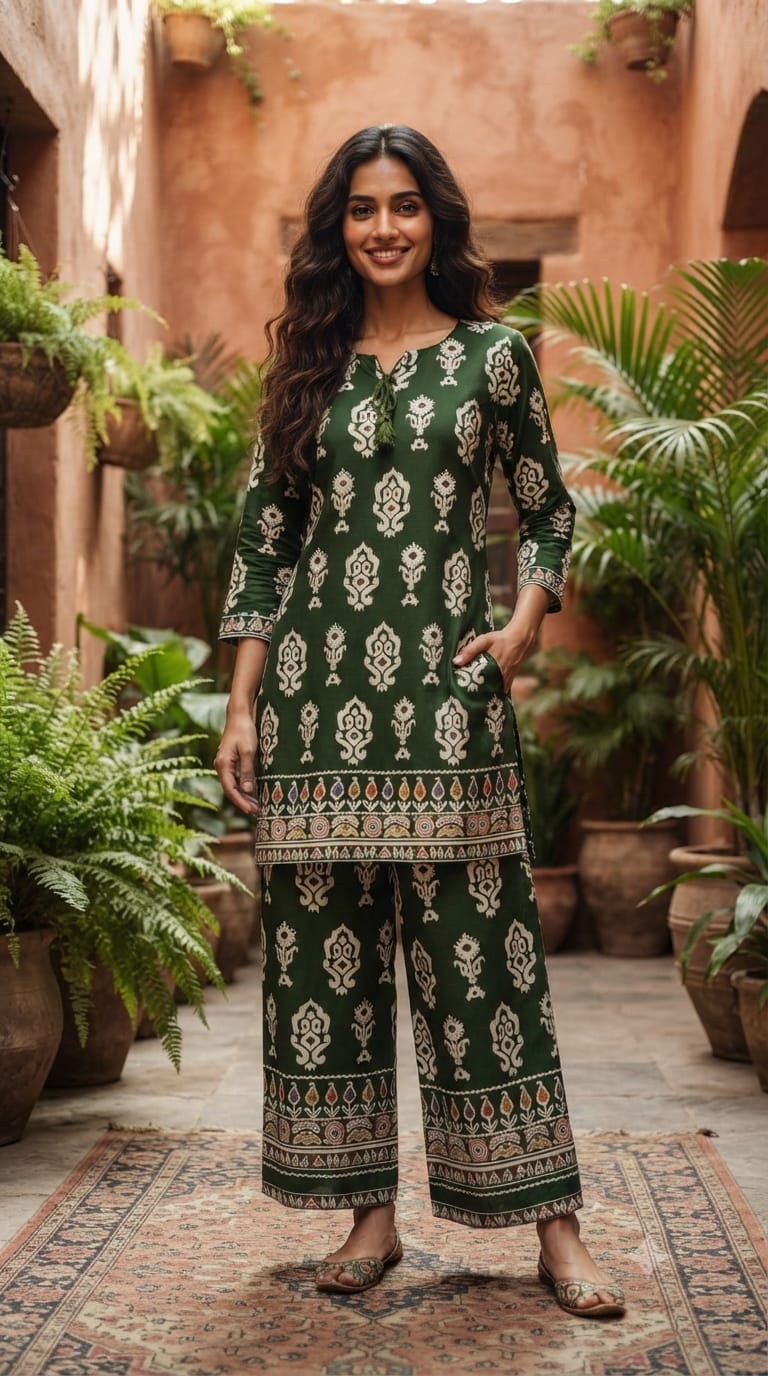 Mango Buti Inspired Block Prints Tassel Accent German Rayon Co-Ord Set- 15468