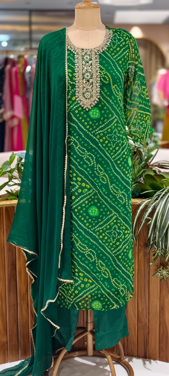 Georgette Bandhani Print Embroidered Full Suit Set with Dupatta And Bottom-15482