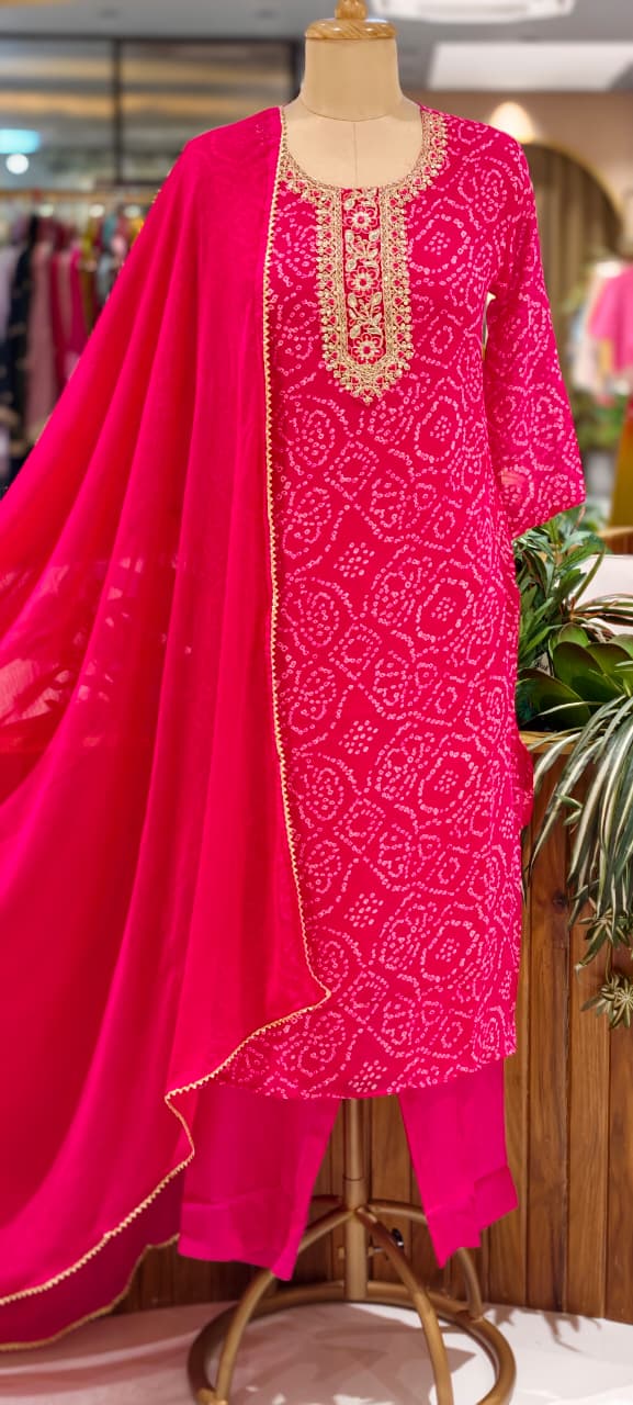 Georgette Bandhani Print Kurta Set with Heavy Embroidered Neck Full Suit Set-15480