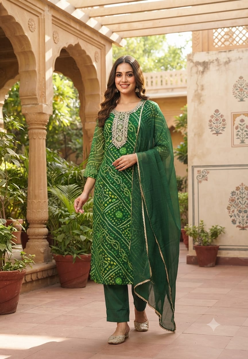 Georgette Bandhani Print Embroidered Full Suit Set with Dupatta And Bottom-15482