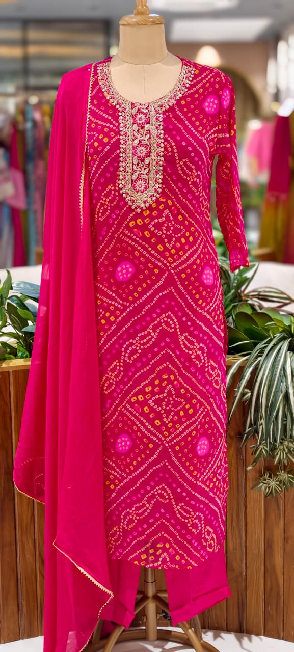 Georgette Bandhani Print Embroidered Full Suit Set with Dupatta And Bottom-15482