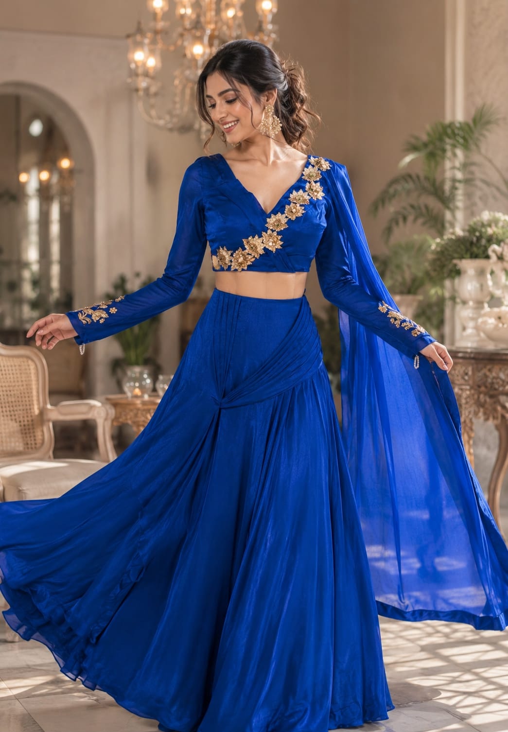 Stylish Golden Floral Popped Pleated Crop-Top With Flared Bottom Indo Wear- 15098
