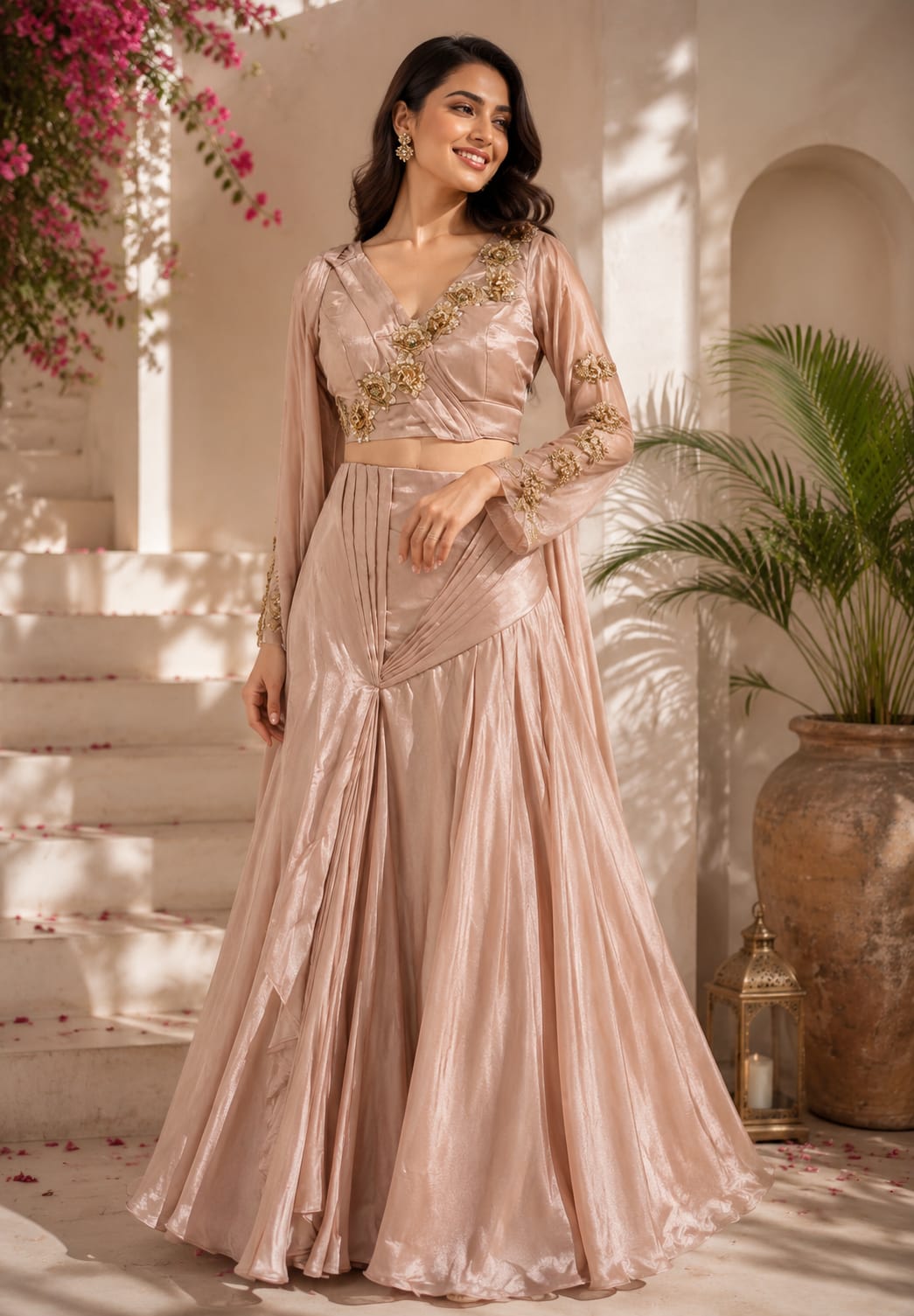 Stylish Golden Floral Popped Pleated Crop-Top With Flared Bottom Indo Wear- 15098