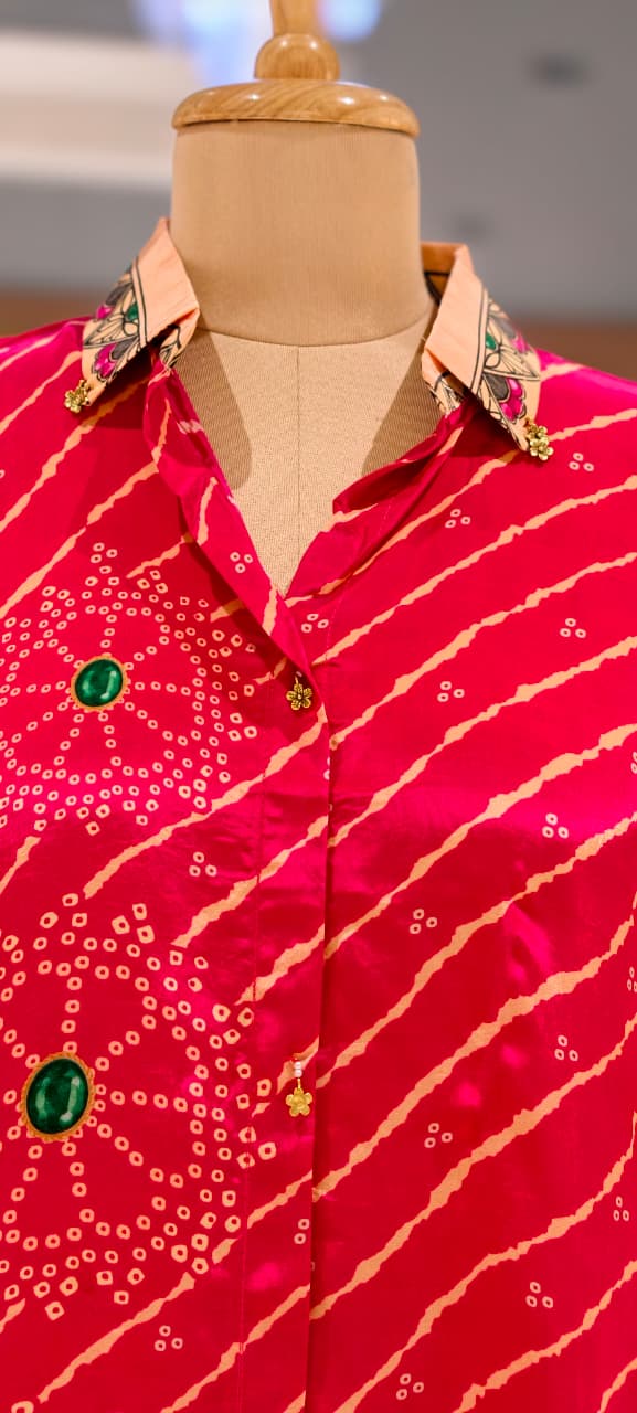 Lehriya Bandhej With Mossaic Floral Print Crepe Shirt- 15434