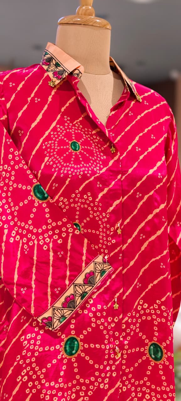 Lehriya Bandhej With Mossaic Floral Print Crepe Shirt- 15434