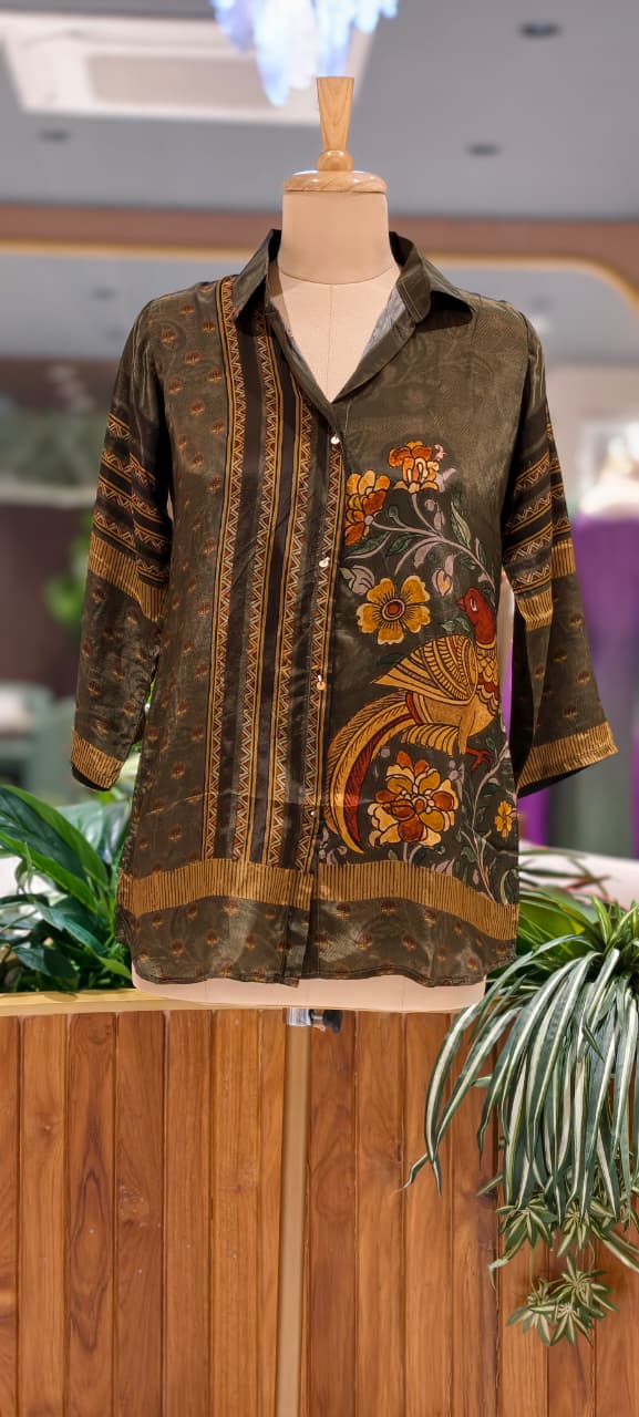 Artisnal Bird With Floral Print Casual Crepe Shirt- 15434