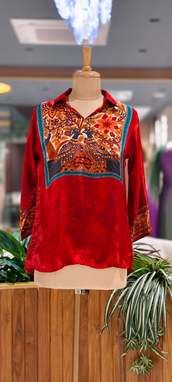 Multicolor Bohemian Bird & Figures Print Casual Crepe Shirt- 15434