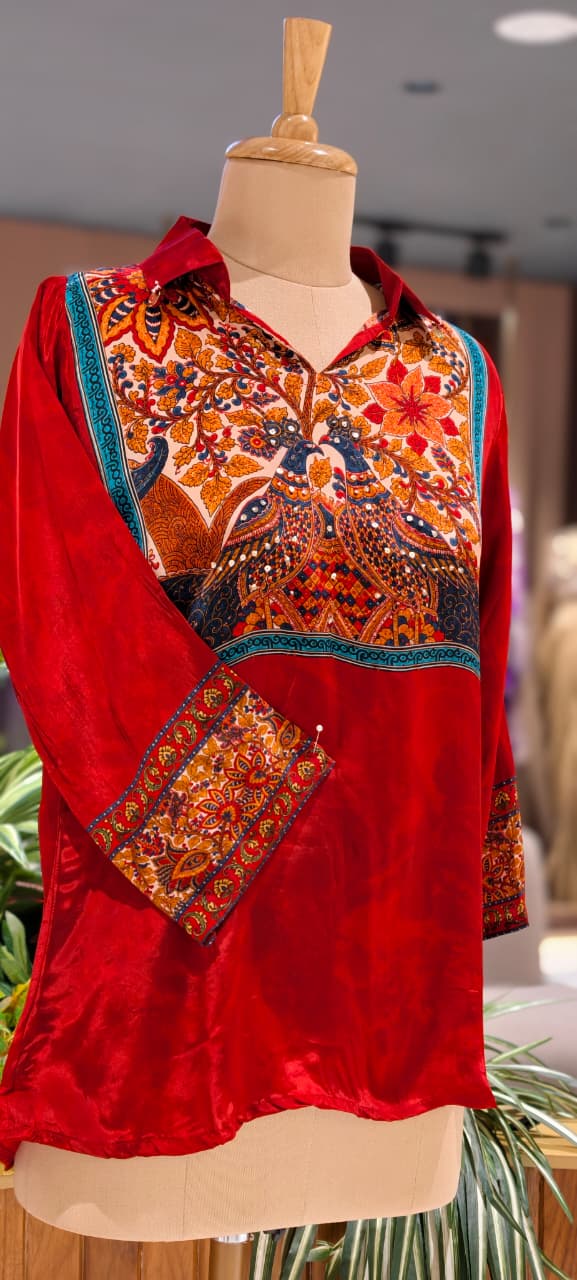 Multicolor Bohemian Bird & Figures Print Casual Crepe Shirt- 15434