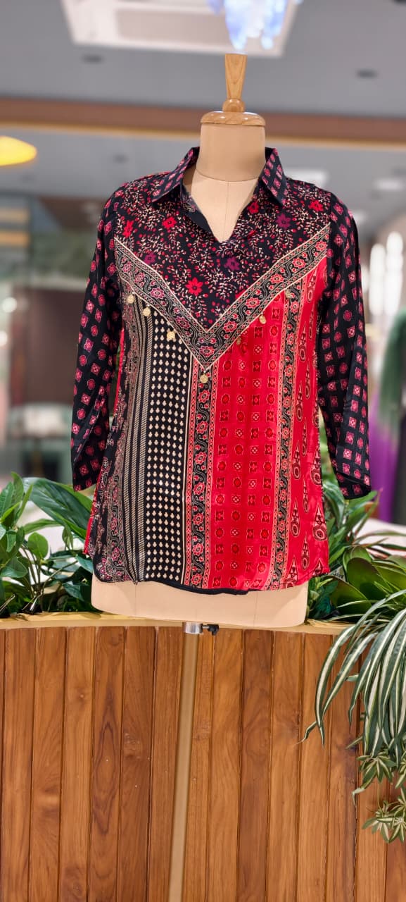 Heritage Geometric Multi Print Casual Crepe Shirt- 15434