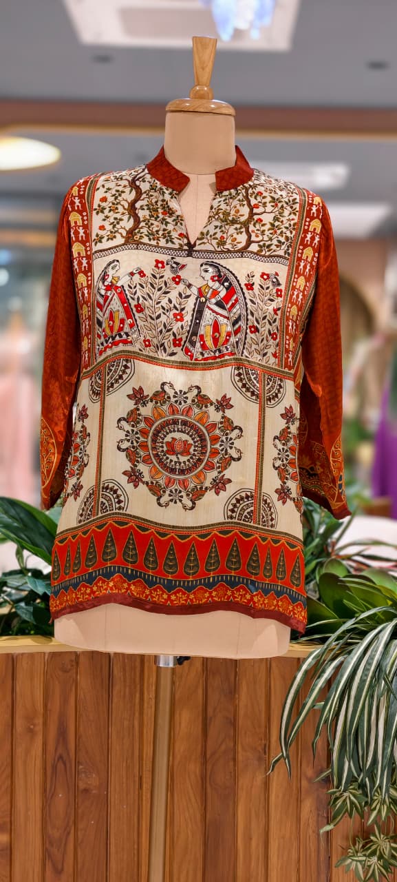 Multicolor Bohemian Bird & Figures Print Casual Crepe Shirt- 15434