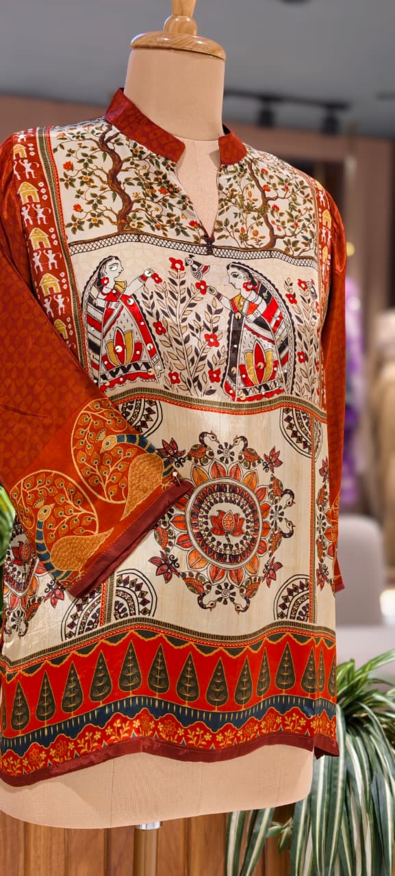 Multicolor Bohemian Bird & Figures Print Casual Crepe Shirt- 15434