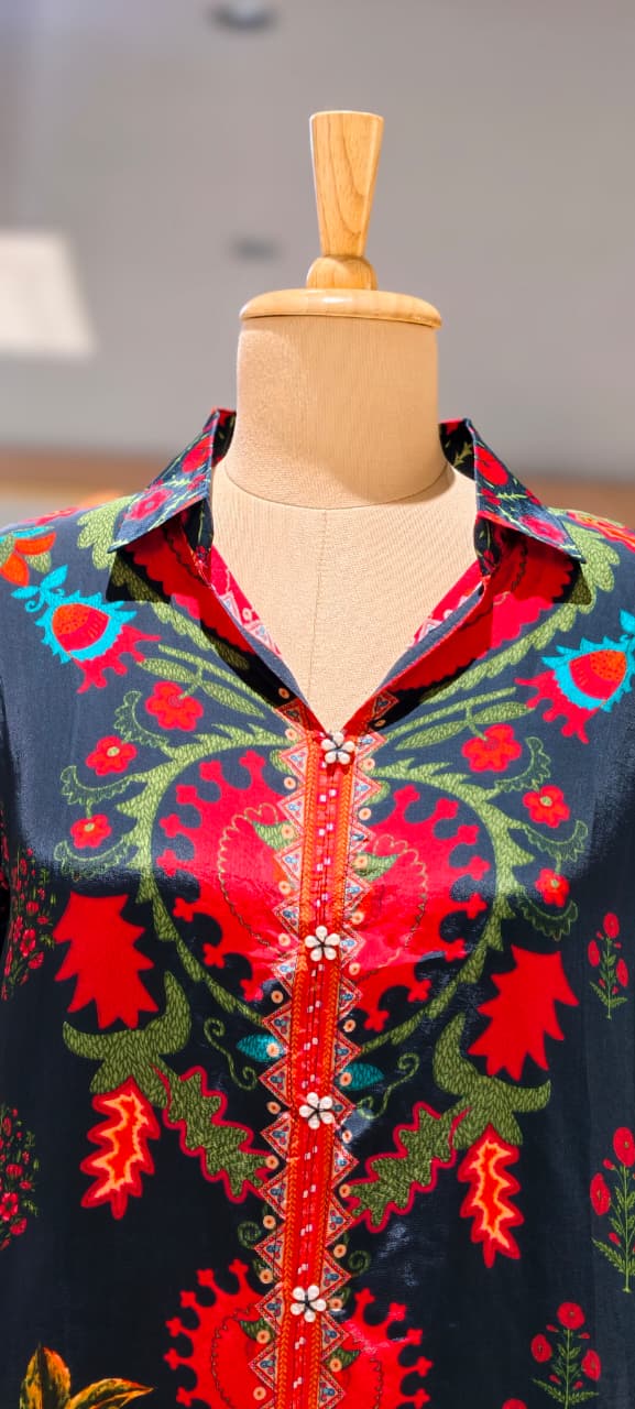 Lehriya Bandhej With Mossaic Floral Print Crepe Shirt- 15434