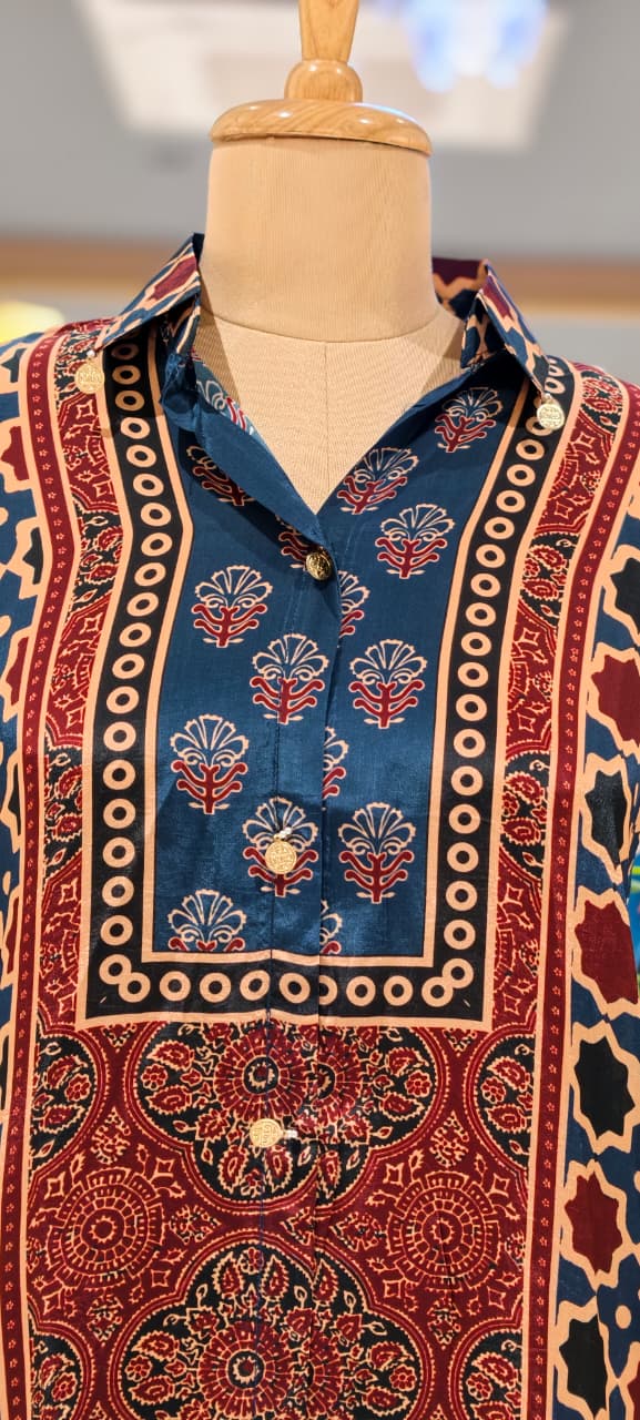 Geometric Block Print Dual Toned Casual Crepe Shirt- 15434